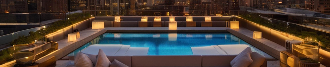Luxury rooftop pool at night